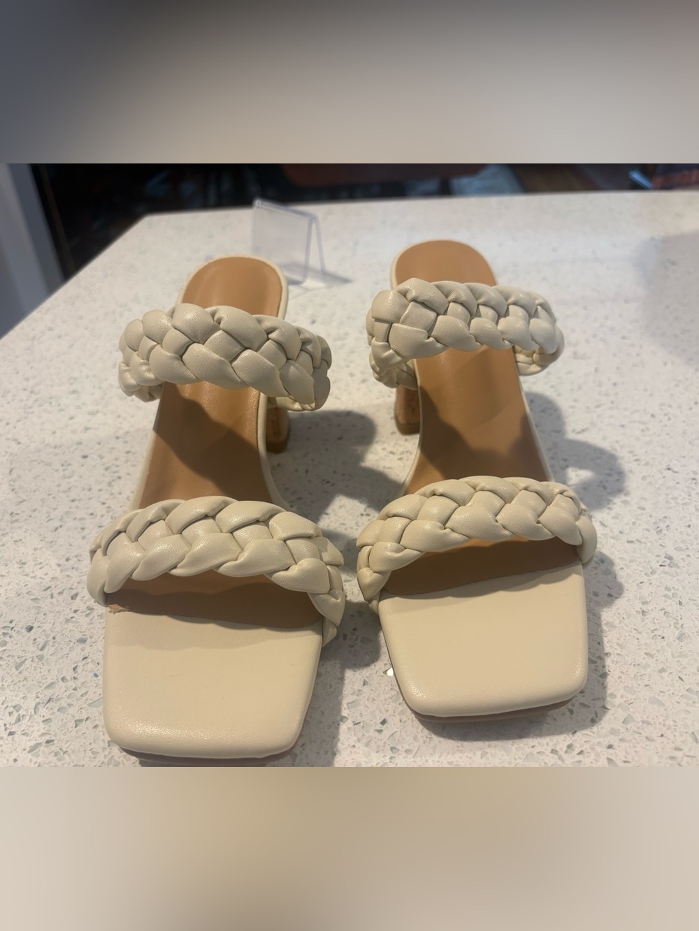 Braided Strap Cork Block Heel Sandals in Cream - Picture 3 of 9